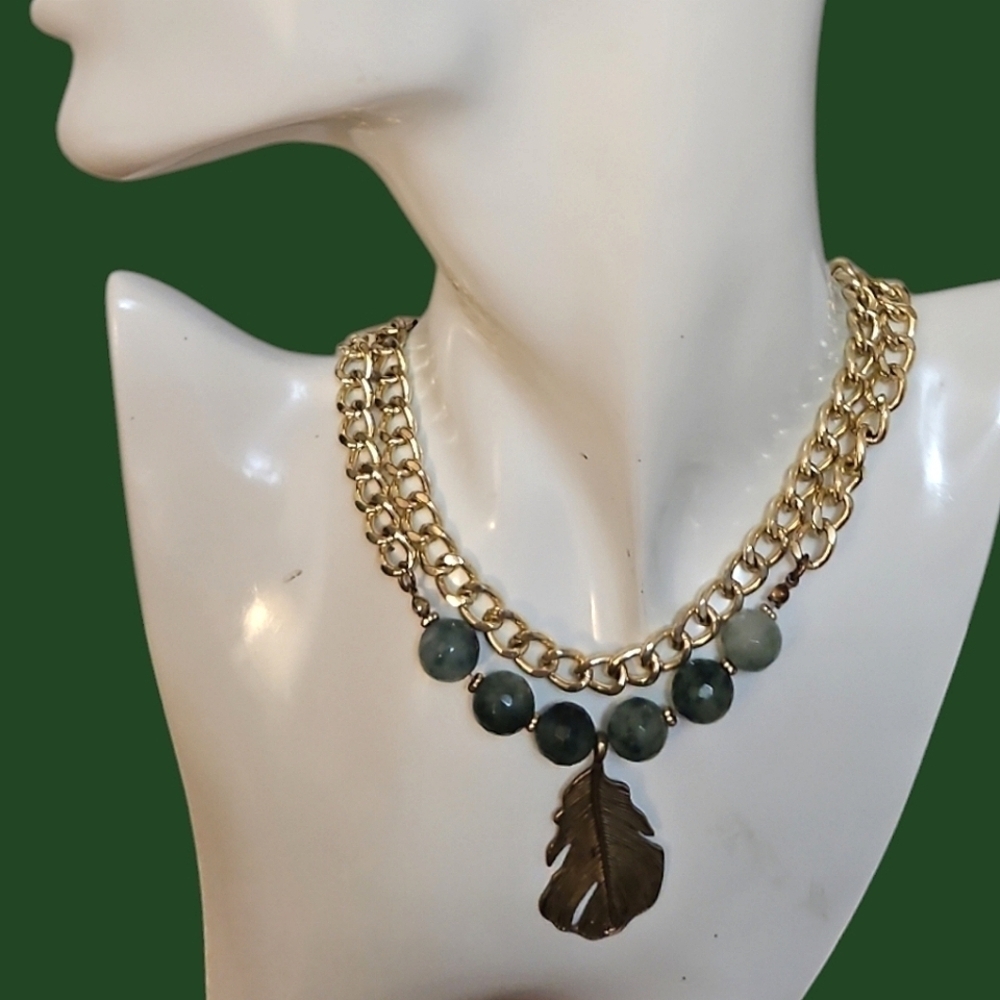 Vintage Beaded Fluorite Feather Leaf Pendant Long Chain Necklace